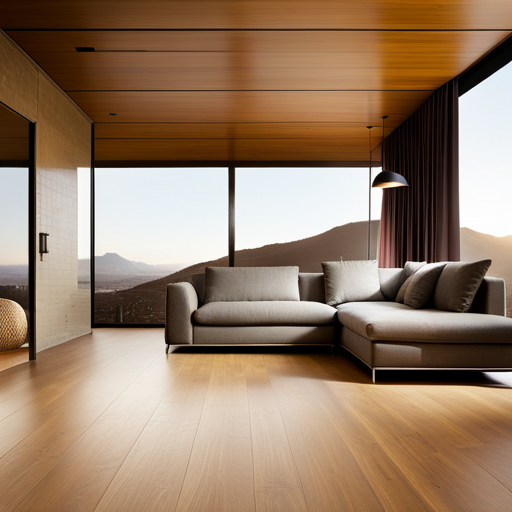 An image of a modern, minimalist living room with natural light, showcasing a variety of eco-friendly flooring materials such as bamboo, cork, and reclaimed wood