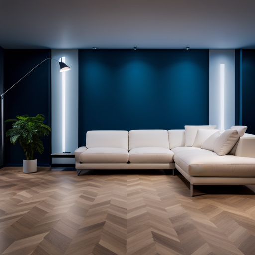 An image of a modern, minimalist living room with smart flooring technology seamlessly integrated