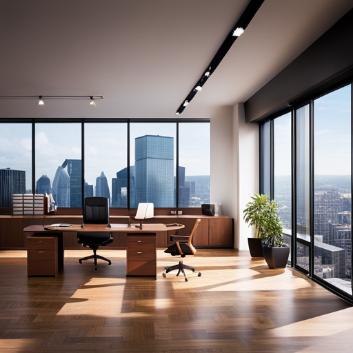 An image of a modern office space with sleek, hardwood flooring, large windows with natural light, and comfortable, ergonomic furniture to convey the impact of flooring on office productivity