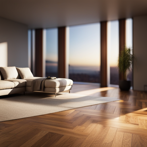 An image of a room with hardwood flooring, large windows, and minimal furniture