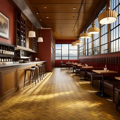 An image showcasing a restaurant's flooring choice, with a focus on materials, color, and pattern