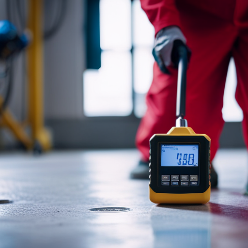 An image of a moisture meter being used on a concrete slab, with the technician wearing protective gear