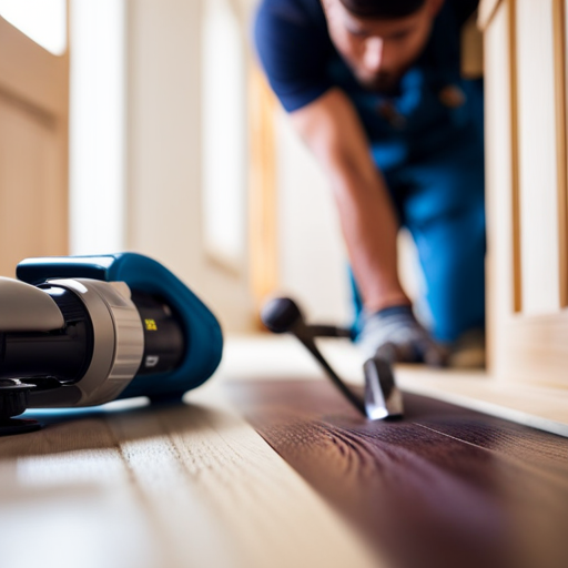 a close-up photo of a professional installer laying down perfectly aligned hardwood flooring, using specialized tools and precision