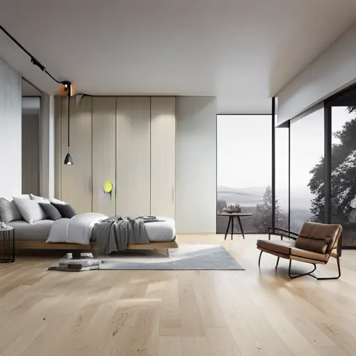 An image of a bright, minimalist room with blonde wood floors, clean lines, and natural light pouring in through large windows