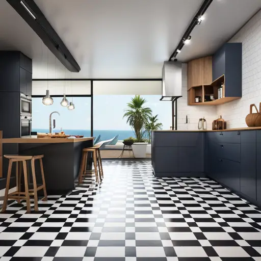 An image that showcases a modern kitchen or bathroom with a linoleum floor in a bold, geometric pattern