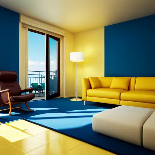 An image of a room with a rich, deep blue carpet, contrasting with a light, airy yellow wall color