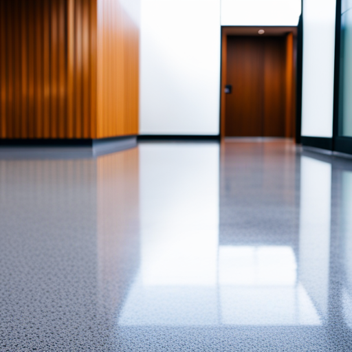 An image of a modern office lobby with sleek, polished concrete flooring, surrounded by glass walls and natural lighting