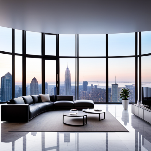 An image showcasing a high-end, spacious living room in a luxury condominium, featuring sleek, marble flooring, large windows with a city view, and modern, minimalist furniture