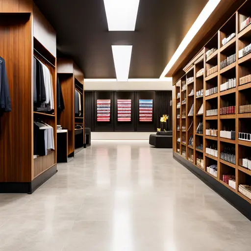 An image of a modern, spacious retail space with polished concrete flooring, sleek wood laminate, and vibrant patterned tiles to showcase the latest trends in commercial retail flooring