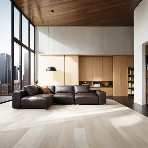 An image of a large open living space with different flooring materials separating distinct zones