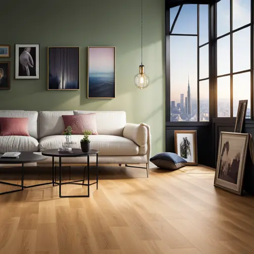 An image of a living room with high-quality, wood-look vinyl flooring