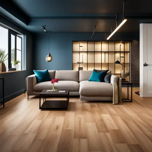 An image of a basement with waterproof vinyl plank flooring that is resistant to water damage, with a sump pump and moisture barrier for added protection