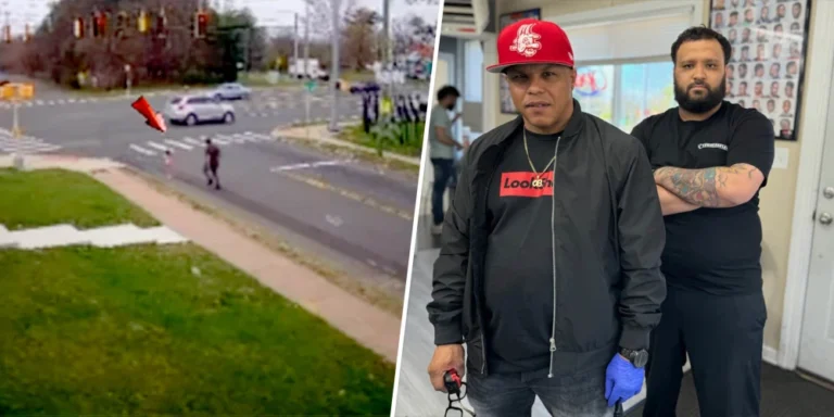 See the dramatic moment two barbers ran out the door to stop a child from wandering into traffic